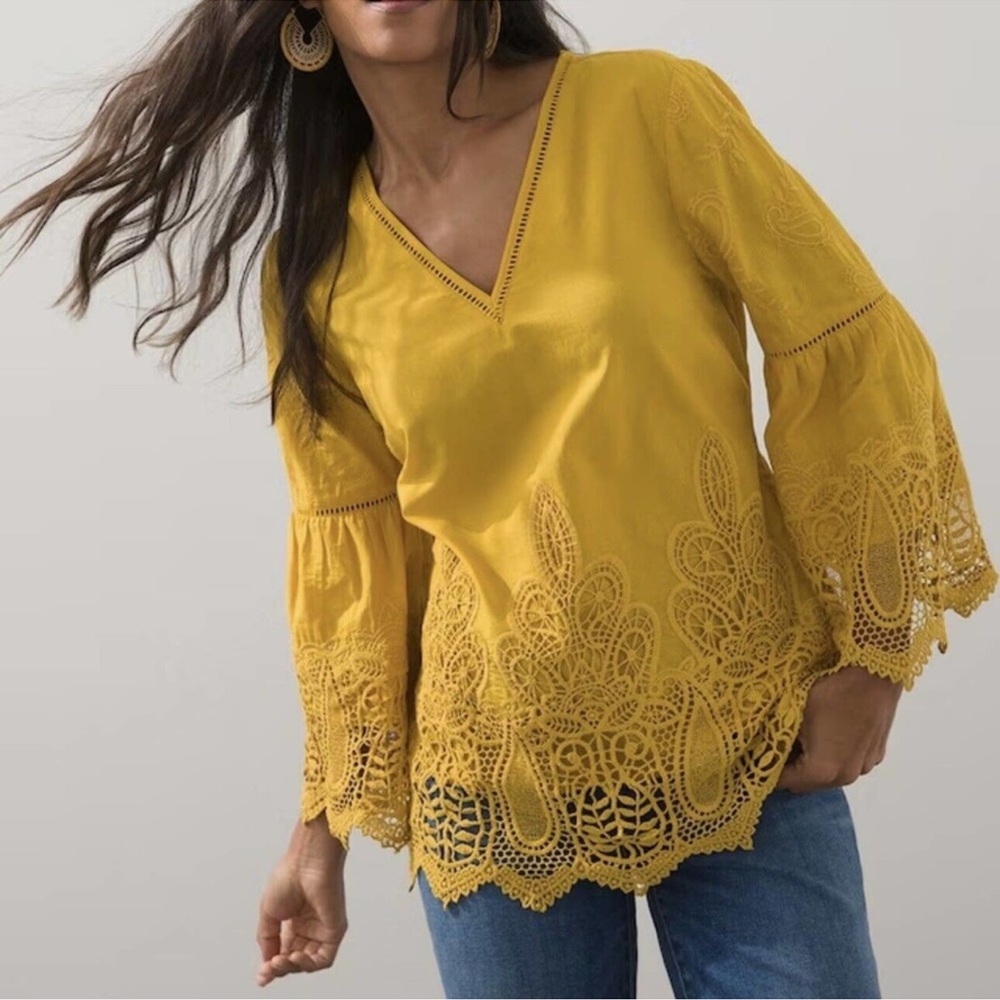 Chico's Mustard Yellow V-Neck Crochet-Hem Blouse
